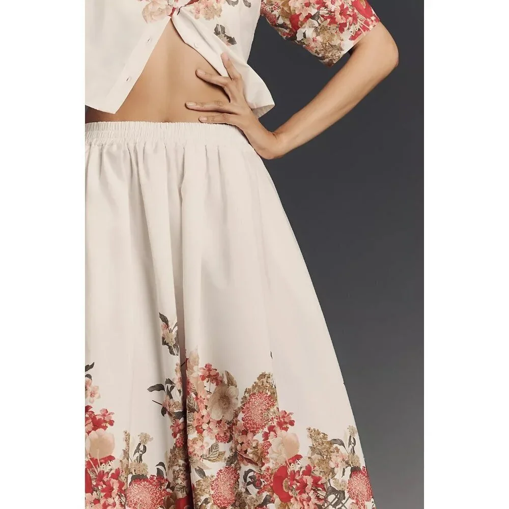 Maeve Pull-On Circle Skirt White Brown Red Floral 3X